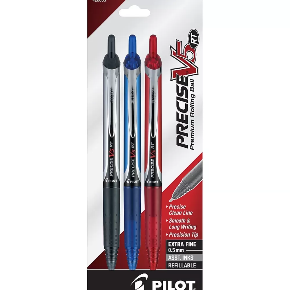 Pilot Pens<Precise V5 RT Retractable Rollerball Pens, Extra Fine Point, Assorted Ink, 3/Pack (26053)