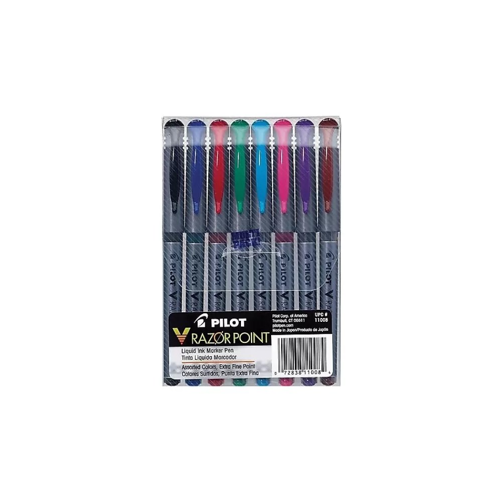 Pilot Pens<V Razor Point Liquid Ink Marker Pens, Extra Fine Point, Assorted, 8/Pack (11008)