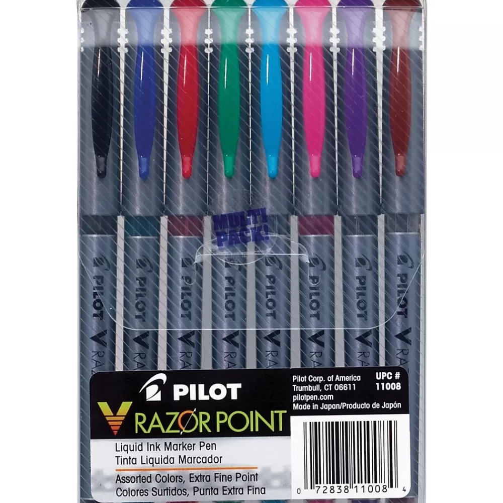 Pilot Pens<V Razor Point Liquid Ink Marker Pens, Extra Fine Point, Assorted, 8/Pack (11008)