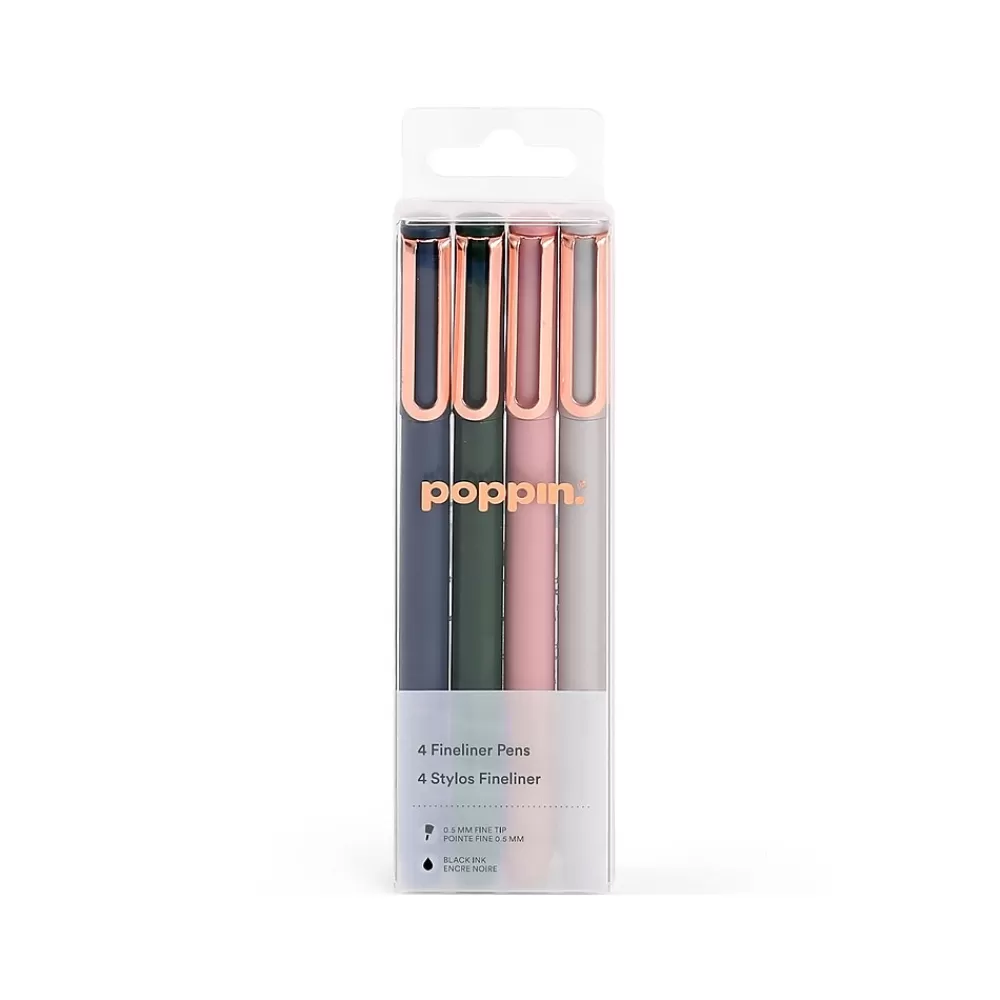 Poppin Pens<Fineliner Felt Pens, Fine Point, 0.5mm, Black Ink, 4/Pack (107475)