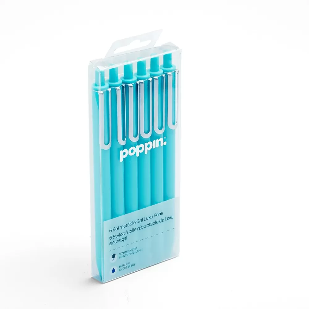 Poppin Pens<Luxe Retractable Gel Pen, Fine Point, Blue Ink, 6/Pack (100089)