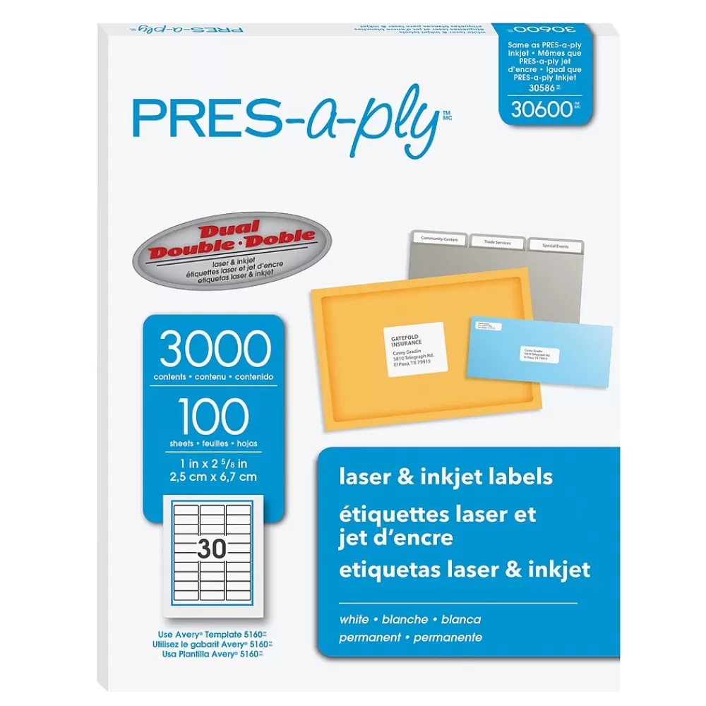 Pres-a-ply Labels<Laser/Inkjet Address Labels, 1" x 2-5/8", White, 3,000 Labels/Box (30600)