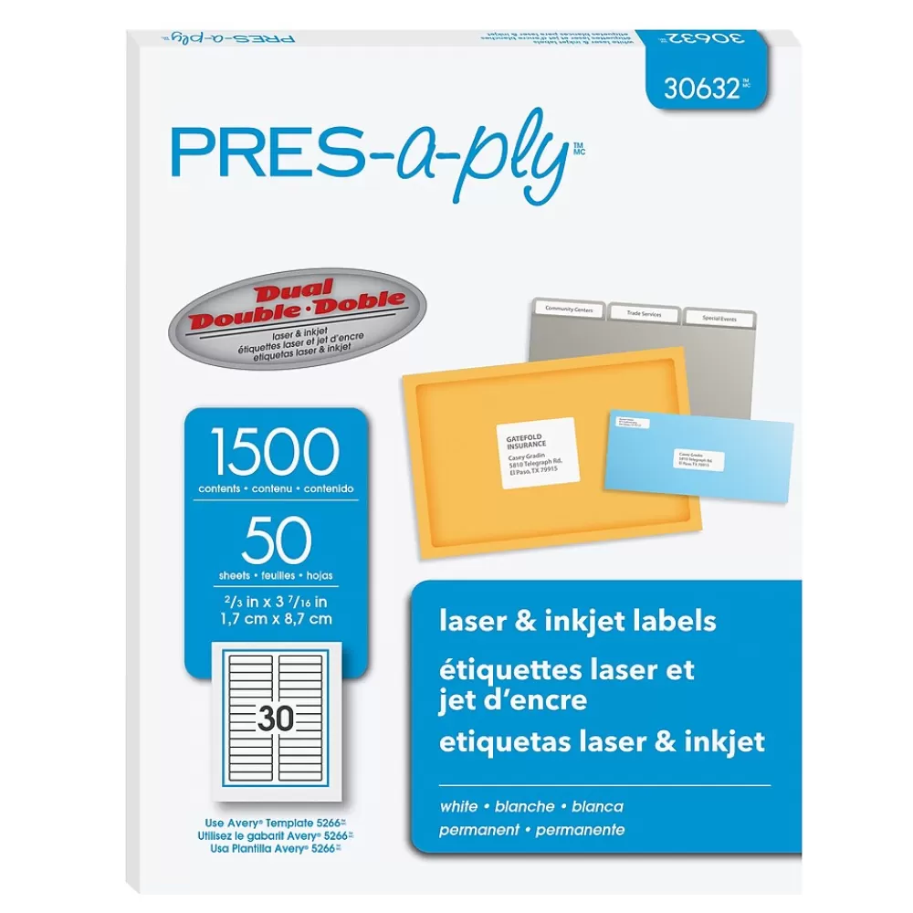 Pres-a-ply Labels<Laser/Inkjet File Folder Labels, 2/3" x 3-7/16", White, 1,500 Labels/Box (30632)