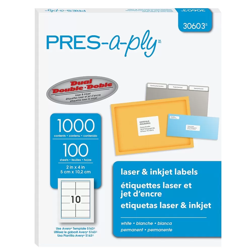 Pres-a-ply Labels<Laser/Inkjet Shipping Labels, 2" x 4", White, 1,000 Labels/Box (30603)