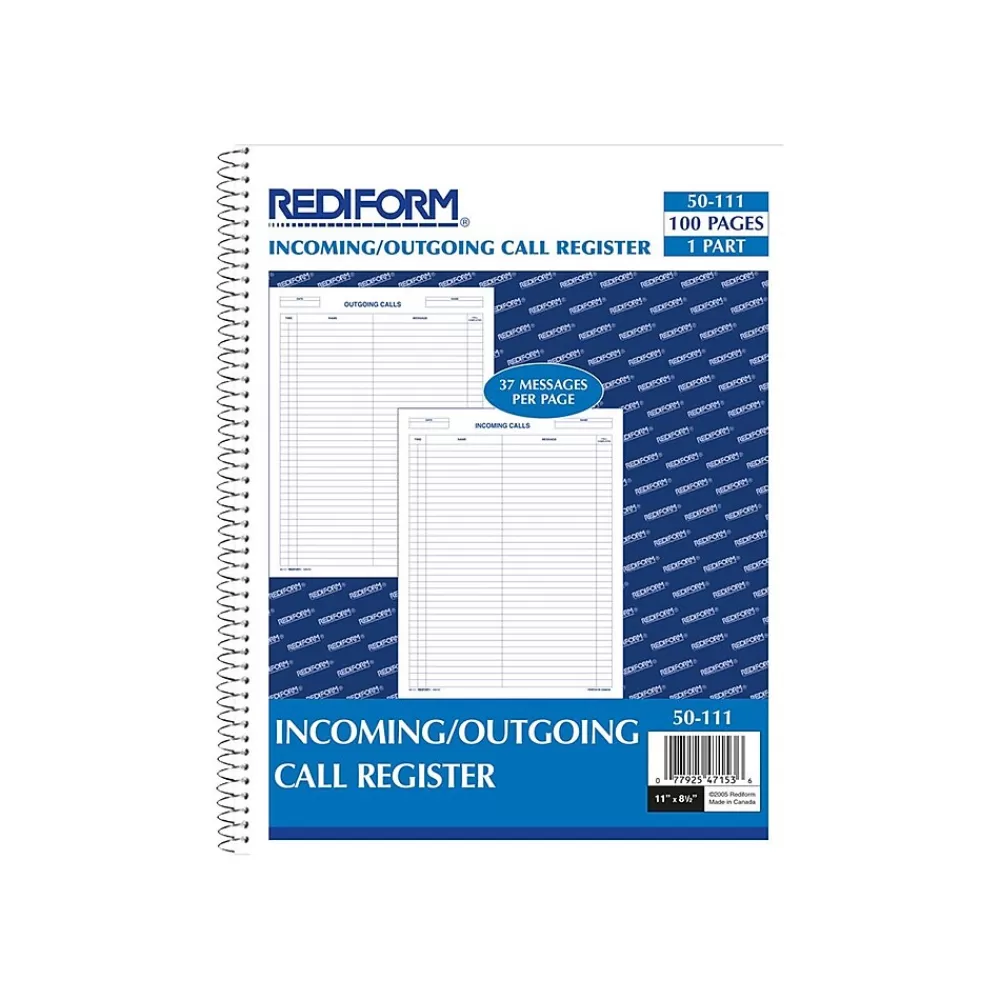 Rediform Notepads<Incoming/Outgoing Call Register, 8.5" x 11", White, 100 Sheets/Pad (50111)