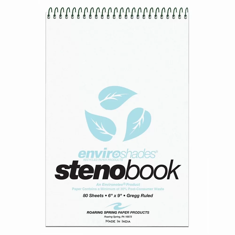Roaring Spring Paper Products Notepads<Roaring Spring Enviroshades Steno Notebook, 6" x 9", 80 Sheets/Pad, Gregg Ruled, Recycled Blue Paper, 4 Books/Pk (12284)