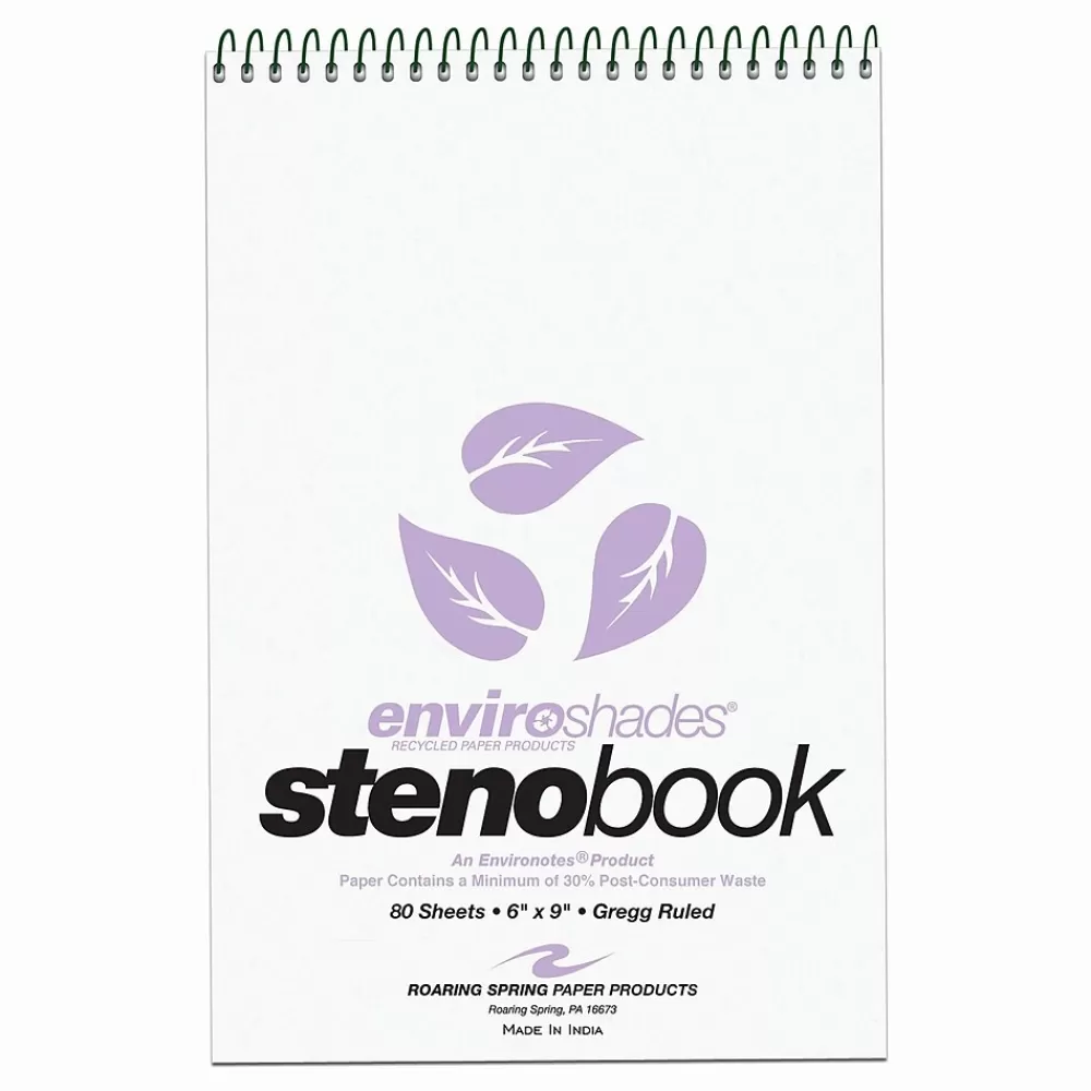 Roaring Spring Paper Products Notepads<Roaring Spring Enviroshades Steno Notebook, 6" x 9", 80 Sheets/Pad, Gregg Ruled, Recycled Orchid Paper, 4 Bks/Pk (12264)