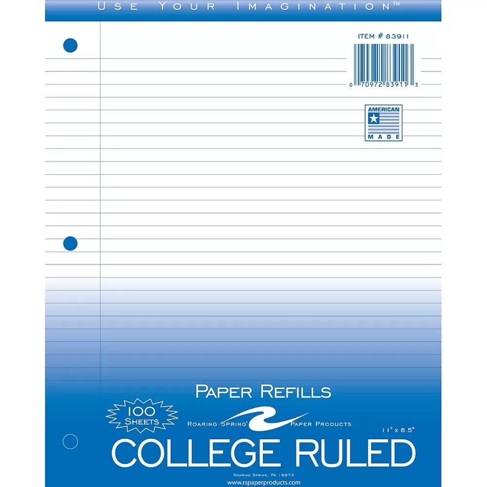 Roaring Spring Paper Products Filler Paper<College Ruled College Ruled Filler Paper, 8.5" x 11", 3-Hole Punched, 100 Sheets/Pack (83911)
