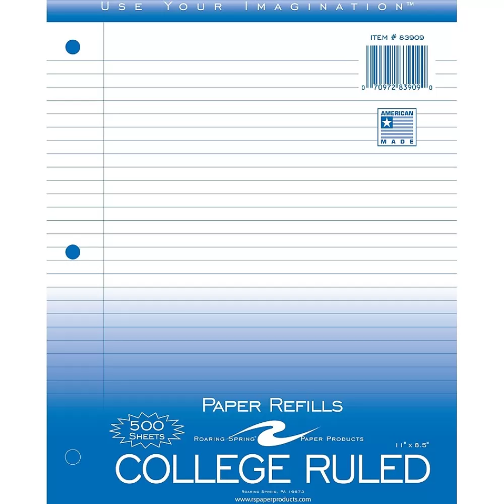 Roaring Spring Paper Products Filler Paper<College Ruled College Ruled Filler Paper, 8.5" x 11", 3-Hole Punched, 500 Sheets/Pack (83909)
