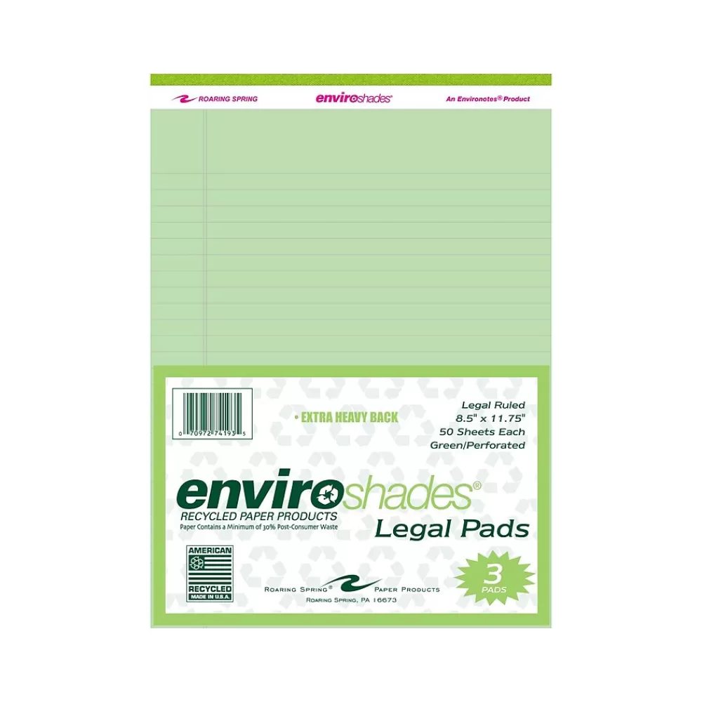 Roaring Spring Paper Products Notepads<8.5" x 11.75" Legal Pads, Recycled Green Paper, 50 Sheets/Pad, 3 Pads/Pack (74193)