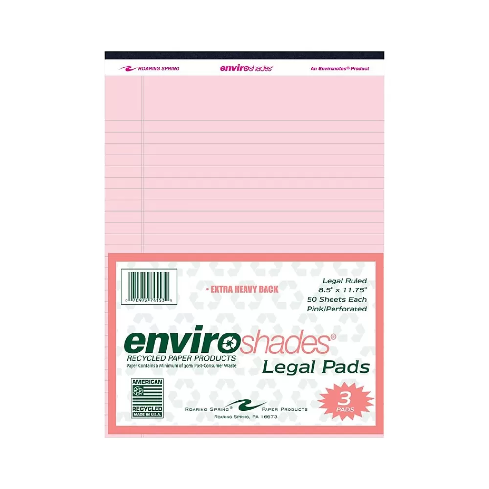 Roaring Spring Paper Products Notepads<8.5" x 11.75" Legal Pads, Recycled Pink Paper, 50 Sheets/Pad, 3 Pads/Pack (74153)