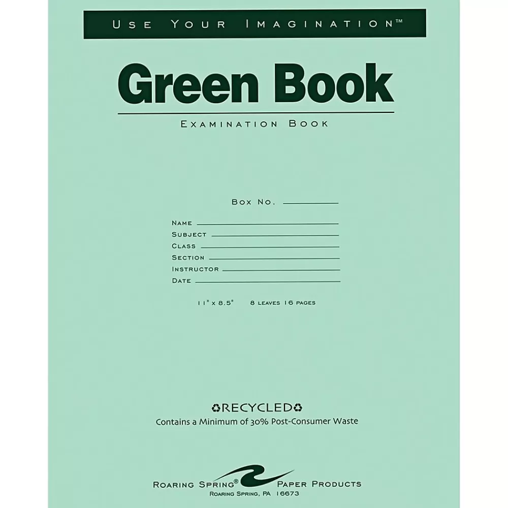 Roaring Spring Paper Products Notebooks<Exam Notebooks, 8.5" x 11", Wide Ruled, 8 Sheets, Green (77509)