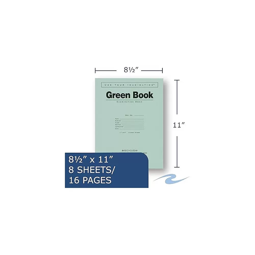 Roaring Spring Paper Products Notebooks<Exam Notebooks, 8.5" x 11", Wide Ruled, 8 Sheets, Green (77509)