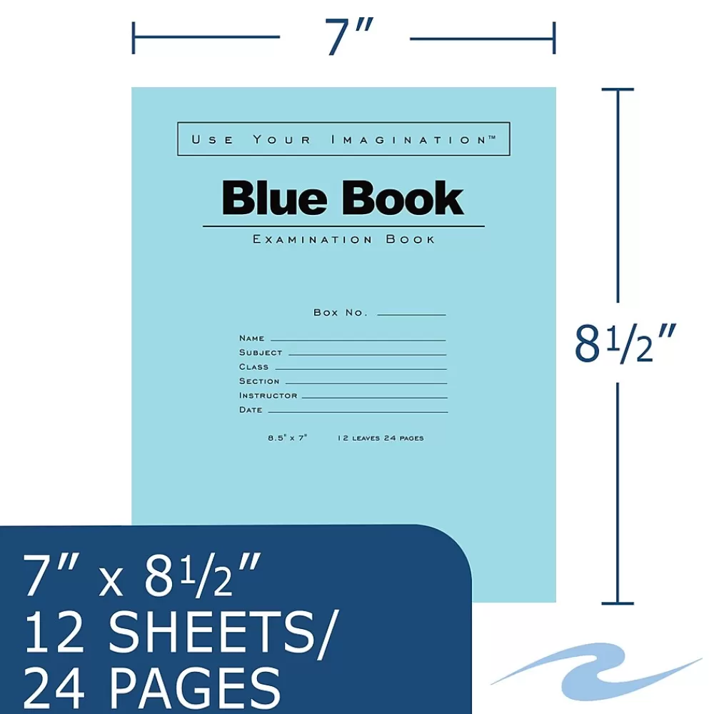 Roaring Spring Paper Products Notebooks<Exam 1-Subject Exam Notebook, 7" x 8.5", Wide Ruled, 12 Sheets, Blue (77513)