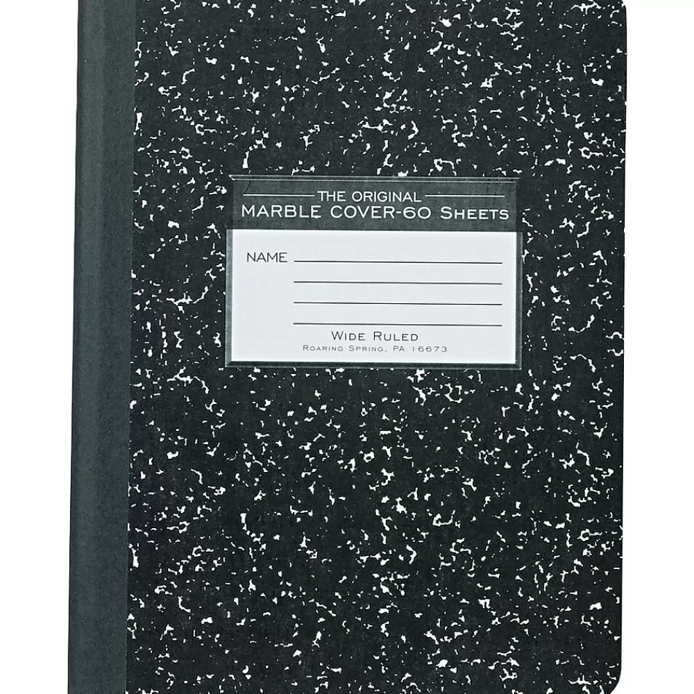Roaring Spring Paper Products Composition Notebooks<1-Subject Composition Notebooks, 9.75" x 7.5", Wide Ruled, 60 Sheets, Black (77222)