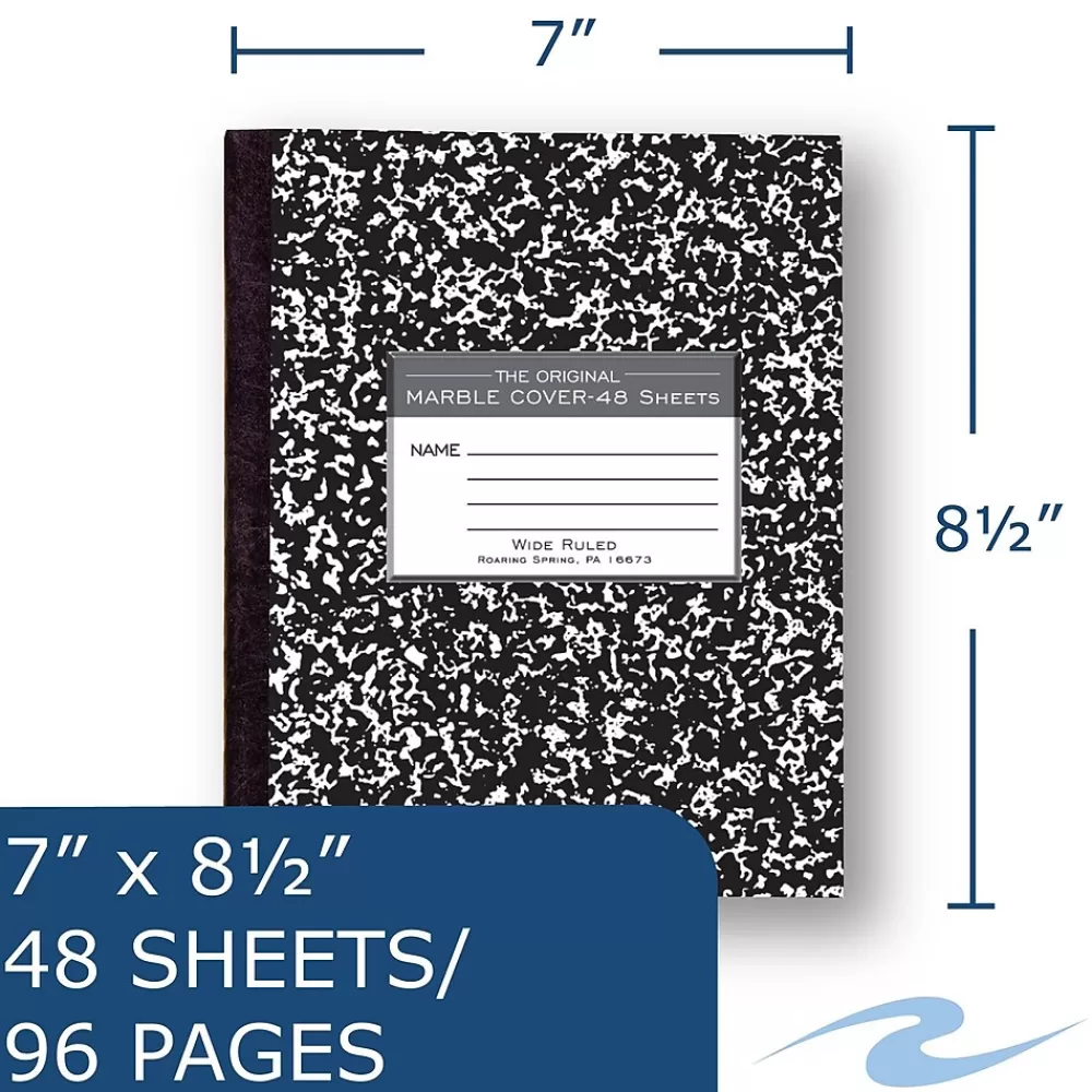 Roaring Spring Paper Products Composition Notebooks<1-Subject Composition Notebooks, 7" x 8.5", Wide Ruled, 48 Sheets, Black (77333)