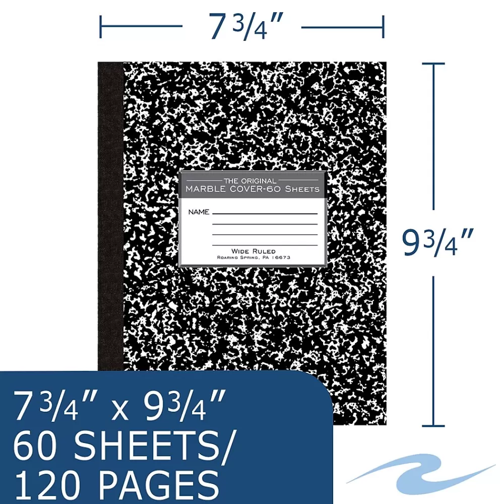 Roaring Spring Paper Products Composition Notebooks<1-Subject Composition Notebooks, 8" x 10", Wide Ruled, 60 Sheets, Black (77505)