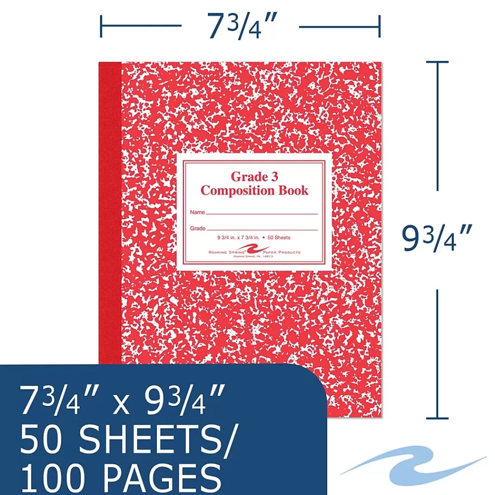 Roaring Spring Paper Products Composition Notebooks<1-Subject Composition Notebooks, 7.75" x 9.75", Wide Ruled, 50 Sheets, Red (ROA77922)