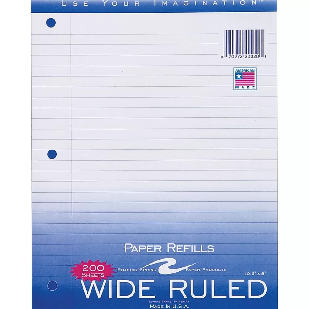 Roaring Spring Paper Products Filler Paper<Wide Ruled Filler Paper, 8" x 10.5", 3-Hole Punched, 200 Sheets/Pack (20020)