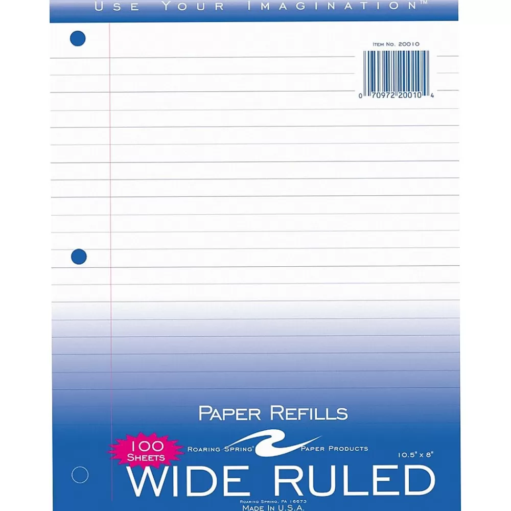 Roaring Spring Paper Products Filler Paper<Wide Ruled Filler Paper, 8" x 10.5", 3-Hole Punched, 100 Sheets/Pack (20010)