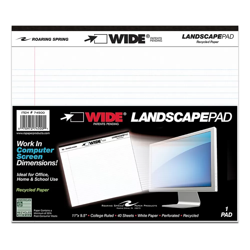 Roaring Spring Paper Products Notepads<Roaring Spring WIDE Landscape Format Writing Pad, College Ruled, 11 x 9 1/2, White, 40 Sheets