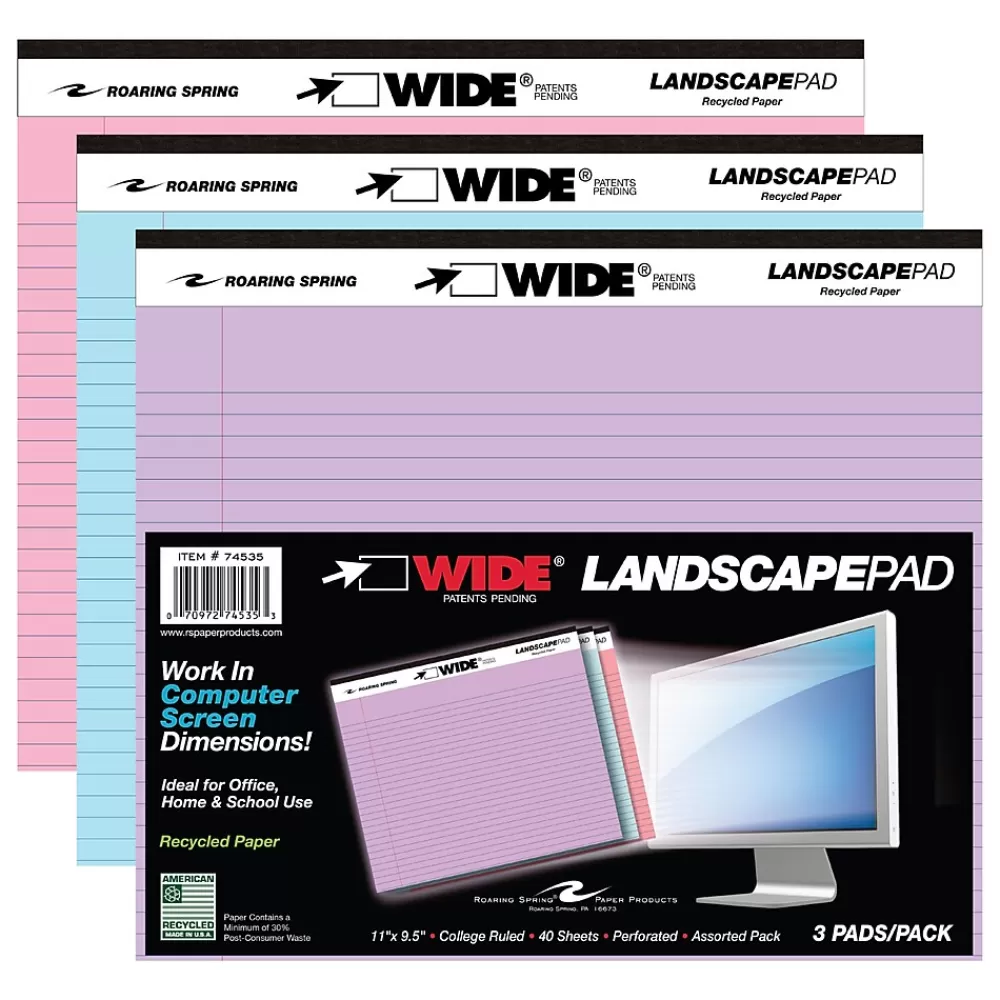 Roaring Spring Paper Products Notepads<Roaring Spring WIDE Landscape Notepad, College Ruled, 11" x 9.5", Assorted Colors, 40 Sheets, 3/Pack (74535)
