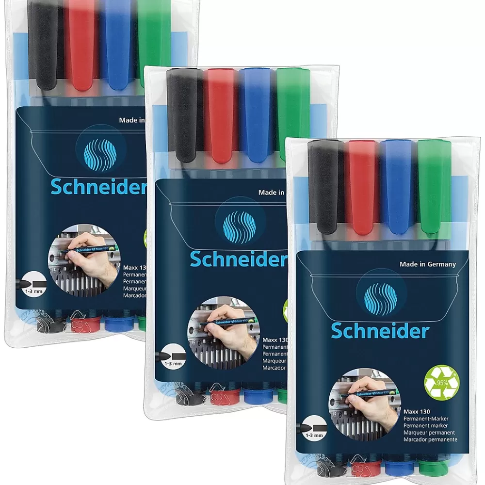 Schneider Markers<Maxx 130 Permanent Markers, Bullet Tip, Assorted Colors, 4 Per Pack, 3 Packs (PSY113094-3)