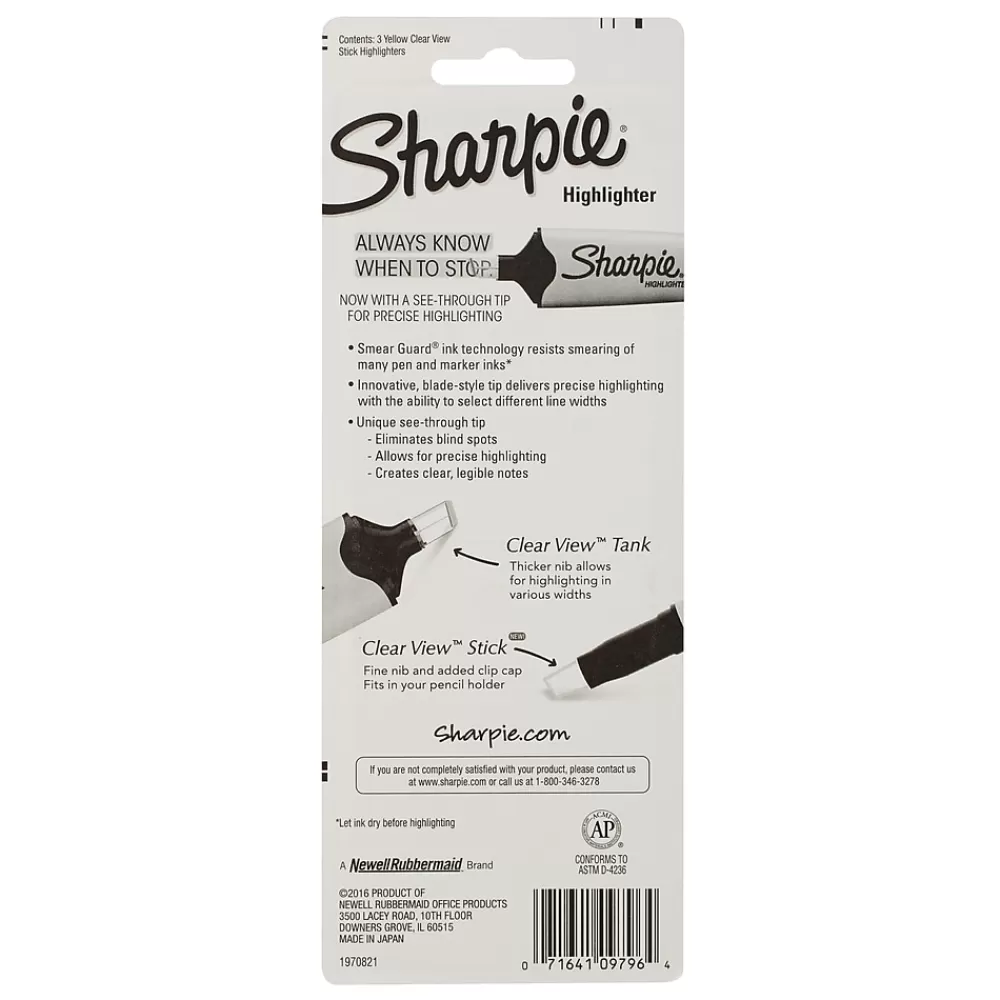 Sharpie Highlighters<Clear View Highlighter, Chisel Tip, Yellow, 3/Pack (1950745/2128217)