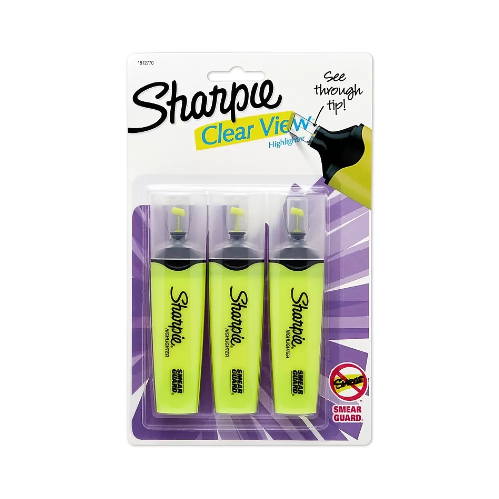 Sharpie Highlighters<Clear View Tank Highlighter, Chisel Tip, Yellow, 3/Pack (1904613/2128219)