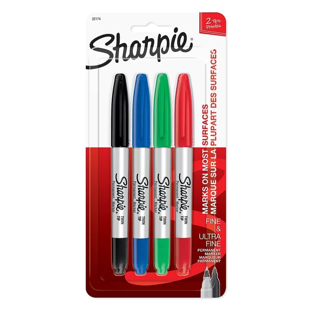 Sharpie Markers<Permanent Markers, Twin Tip, Assorted, 4/Pack (32174)