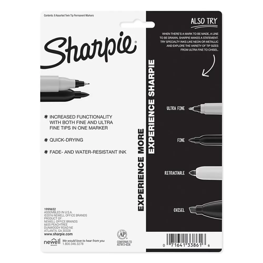 Sharpie Markers<Permanent Markers, Twin Tip, Assorted, 8/Pack (33861)