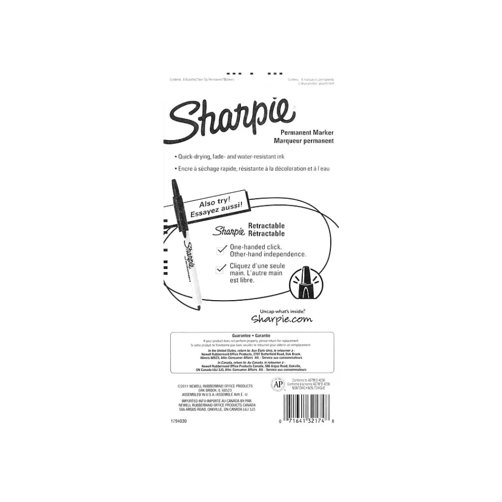 Sharpie Markers<Permanent Markers, Twin Tip, Assorted, 4/Pack (32174)