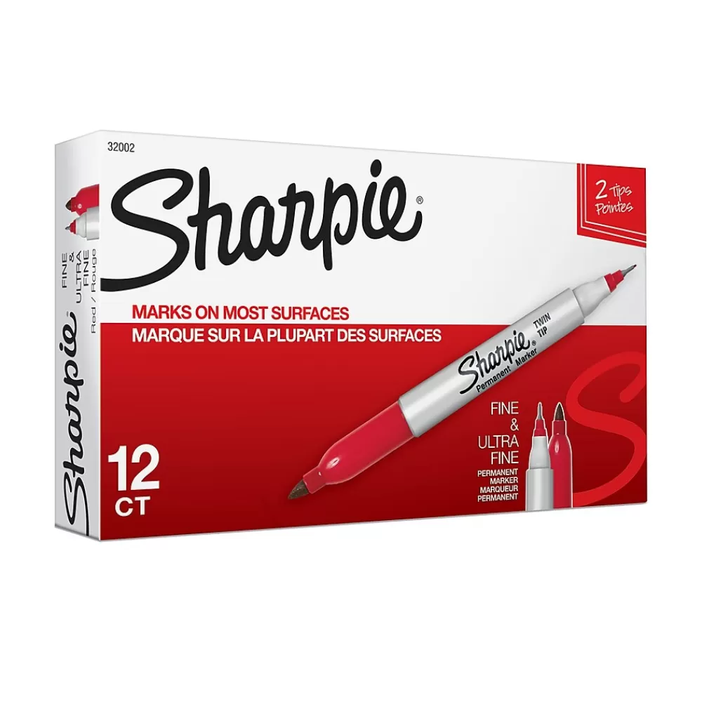 Sharpie Markers<Permanent Markers, Twin Tip, Red, 12/Pack (32002)