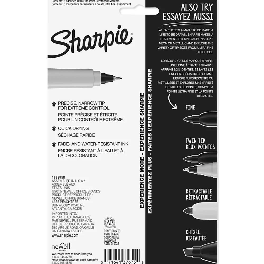 Sharpie Markers<Permanent Markers, Ultra Fine Tip, Assorted, 5/Pack (37675)