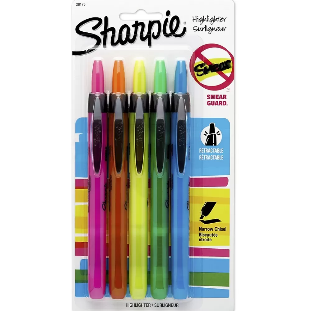 Sharpie Highlighters<Retractable Highlighter, Chisel Tip, Assorted, 5/Pack (28175PP)