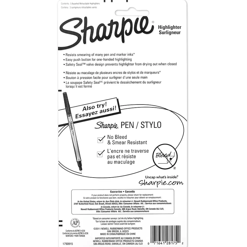 Sharpie Highlighters<Retractable Highlighter, Chisel Tip, Assorted, 5/Pack (28175PP)