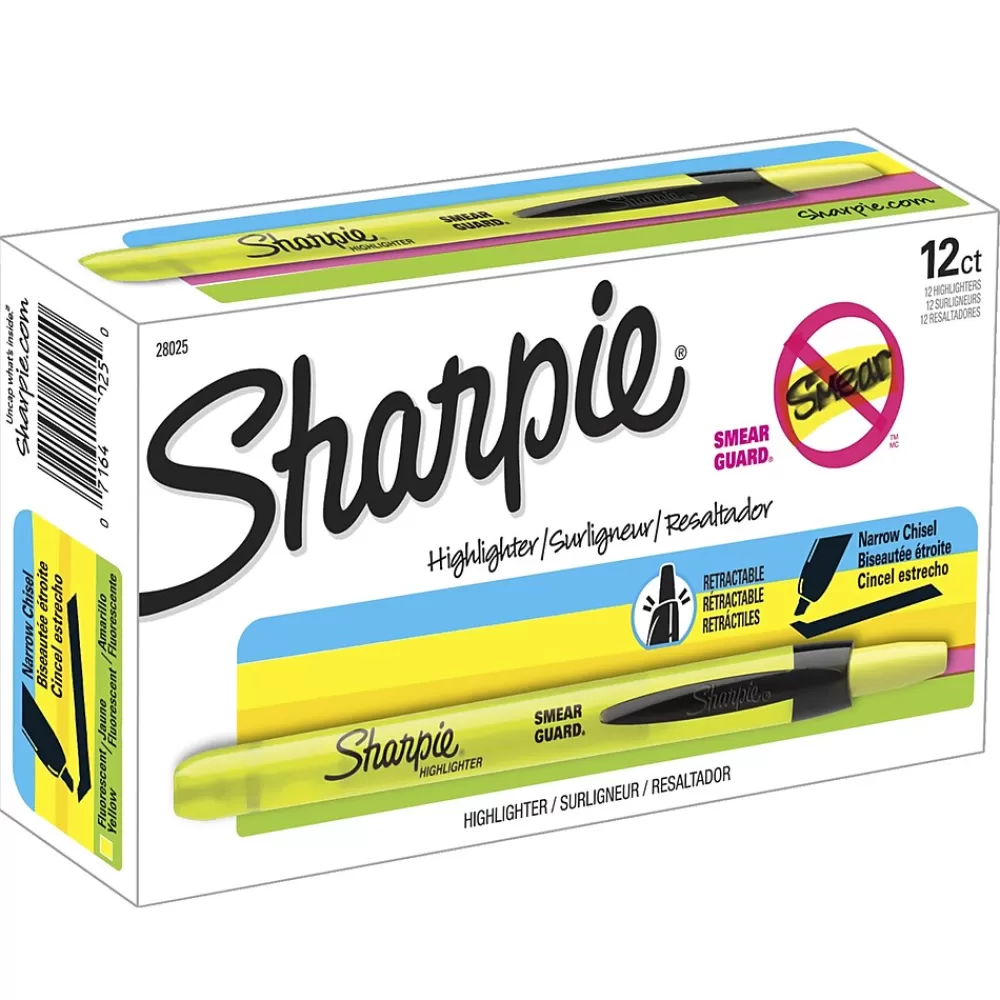 Sharpie Highlighters<Retractable Highlighter, Chisel Tip, Yellow, Dozen (28025)