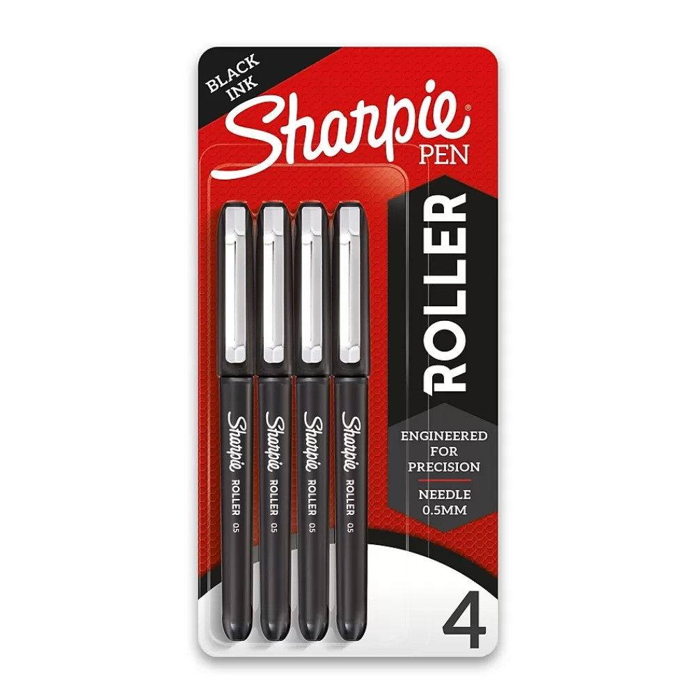 Sharpie Pens<Rollerball Pens, 0.5 mm, Needle Point, Black Ink, 4/Pack (2093222)