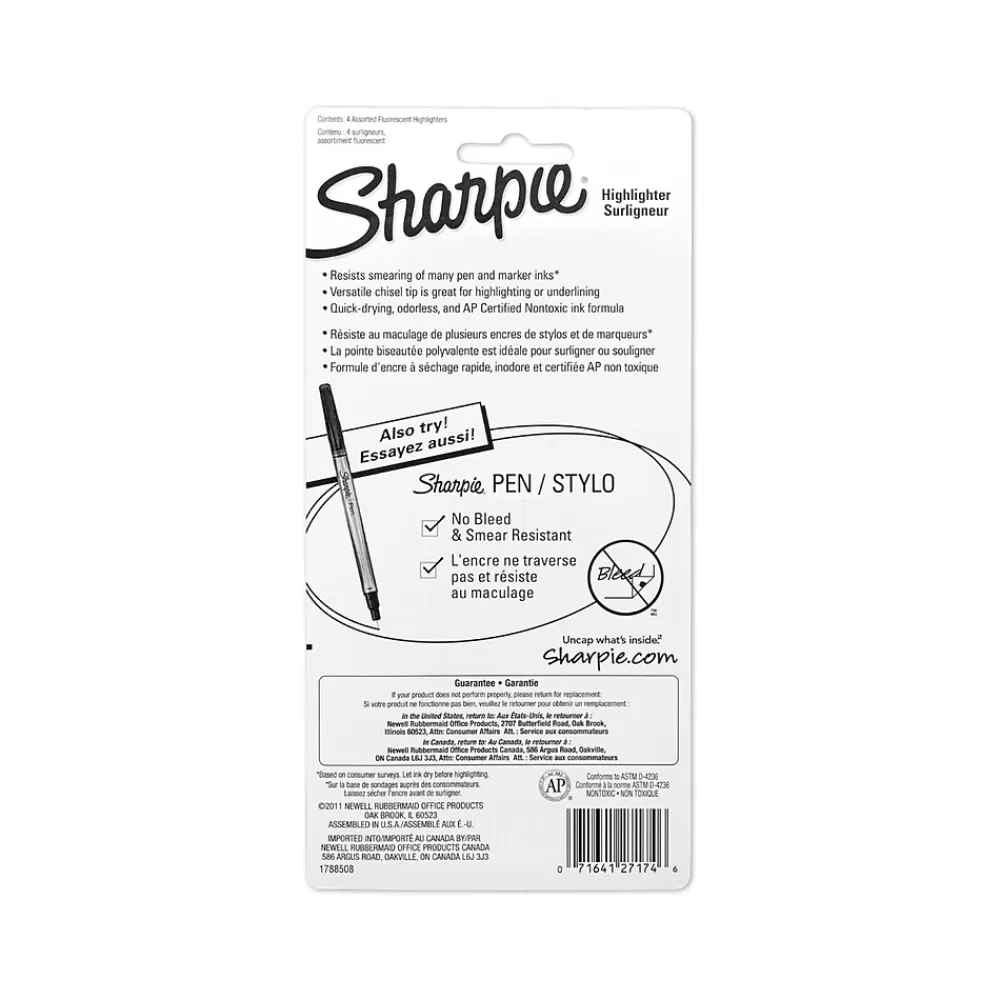Sharpie Highlighters<Stick Highlighters, Chisel Tip, Assorted Colors, 4/Pack (2102110)