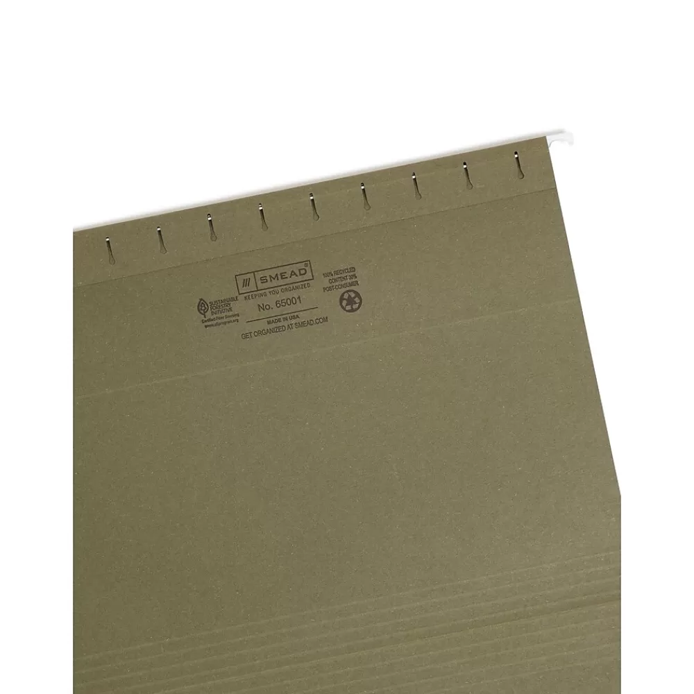 Smead Hanging File Folders<100% Recycled Hanging File Folders, 1/5-Cut Adjustable Tab, Letter Size, Standard Green, 25/Box (65001)