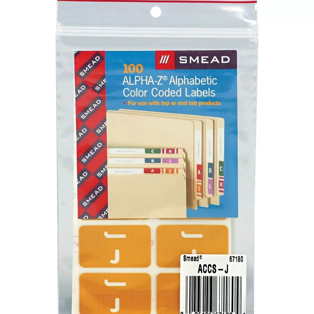 Smead Labels<® AlphaZ ACCS Color-Coded Alphabetic Label, J, Yellow, 100 Labels per Pack (67180)