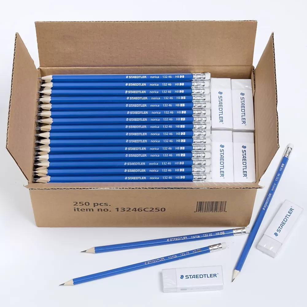 Staedtler Pencils<Pre-Sharpened Wooden Pencil with Block Erasers, #2 Medium Lead, 250/Pack (13246C250)