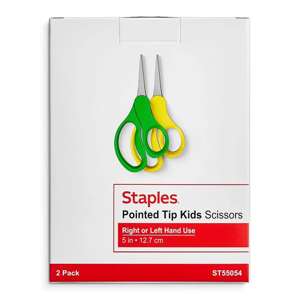Staples Scissors<5" Kids Pointed Tip Stainless Steel Scissors, Straight Handle, Right & Left Handed, 2/Pack (TR55054)