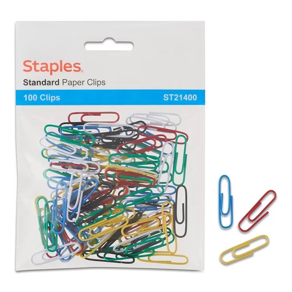 Staples Clips & Fasteners<® #1 Paperclips, Assorted Colors, 100/Pk (21400)