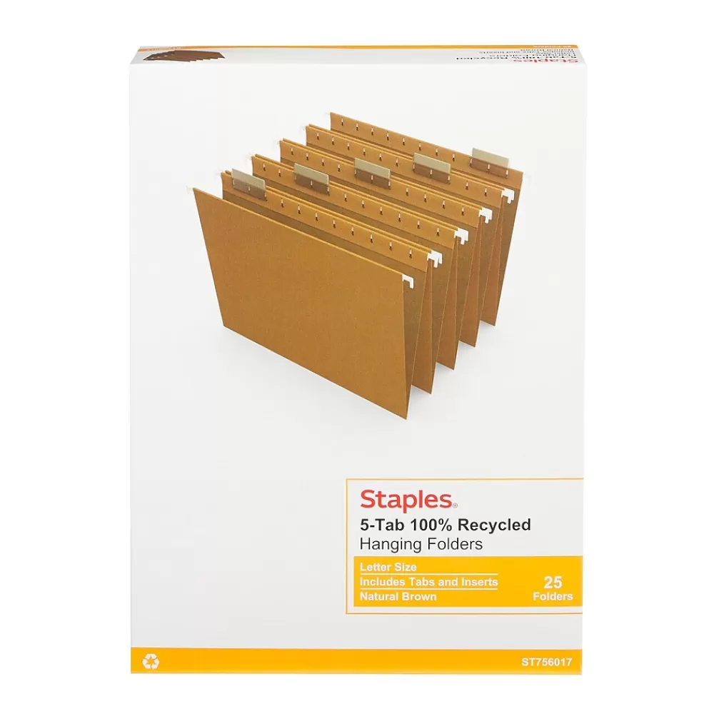 Staples Hanging File Folders<® 100% Recycled Hanging File Folders, 5-Tab Letter, Natural Brown, 25/Box (TR75601-US)