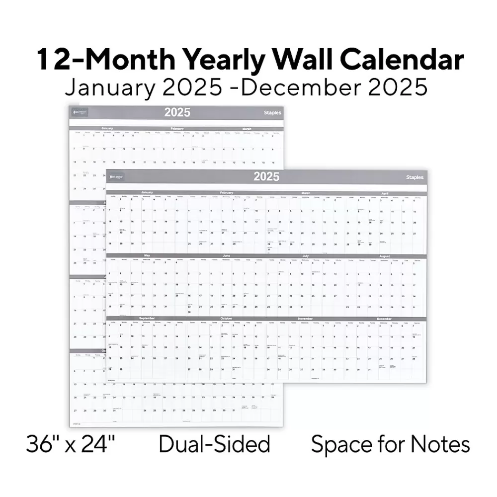 Staples 2025 Calendars<2025 36" x 24" Dry Erase Wall Calendar, Gray/White (ST52079-25)