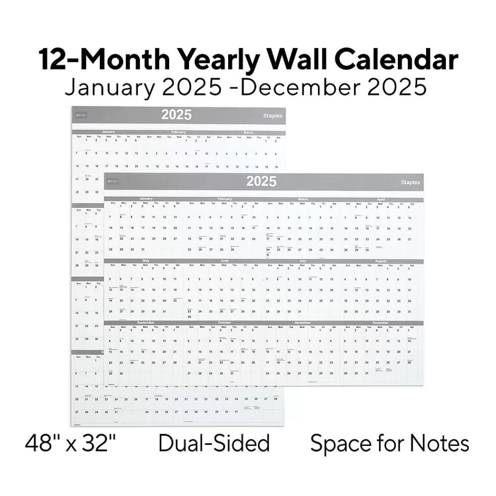 Staples 2025 Calendars<2025 48" x 32" Dry Erase Wall Calendar, Gray/White (ST58450-25)