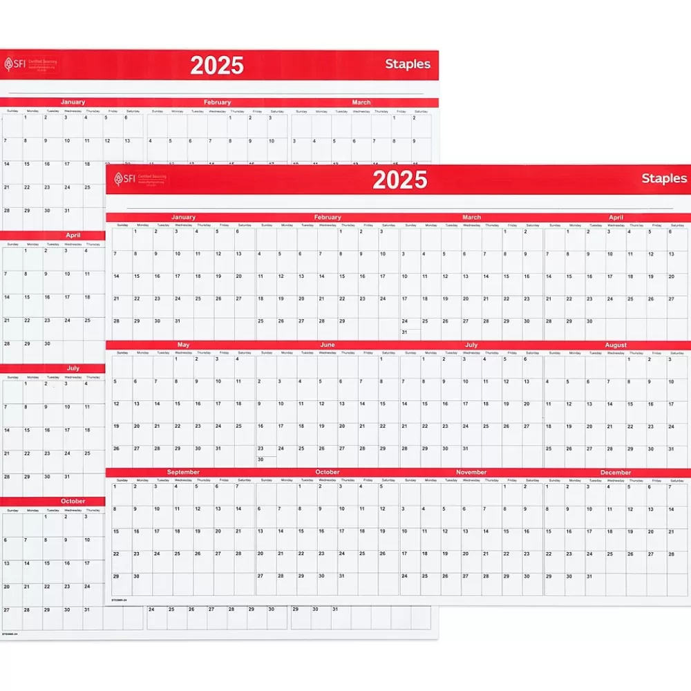 Staples 2025 Calendars<2025 15.69" x 12" Dry Erase Wall Calendar, Red/White (ST53905-25)