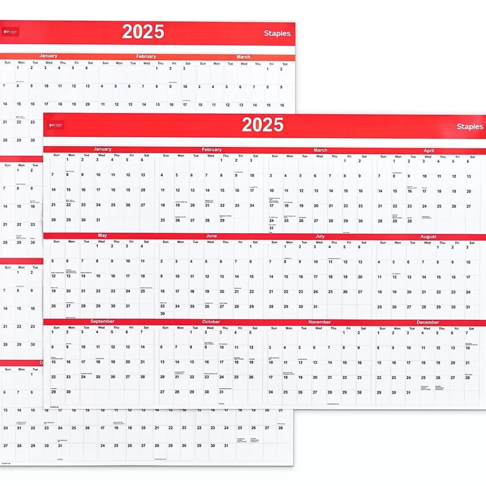 Staples 2025 Calendars<2025 48" x 32" Dry Erase Wall Calendar, Red/White (ST53911-25)