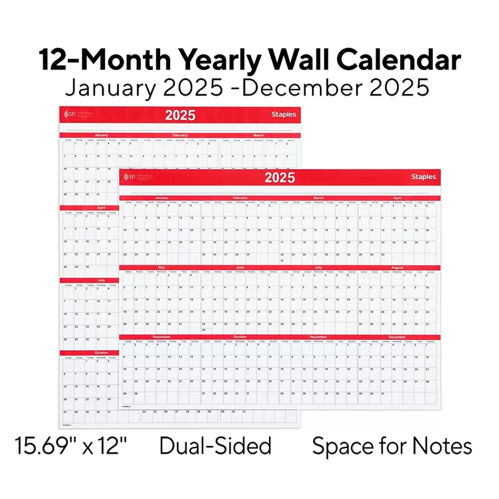 Staples 2025 Calendars<2025 15.69" x 12" Dry Erase Wall Calendar, Red/White (ST53905-25)